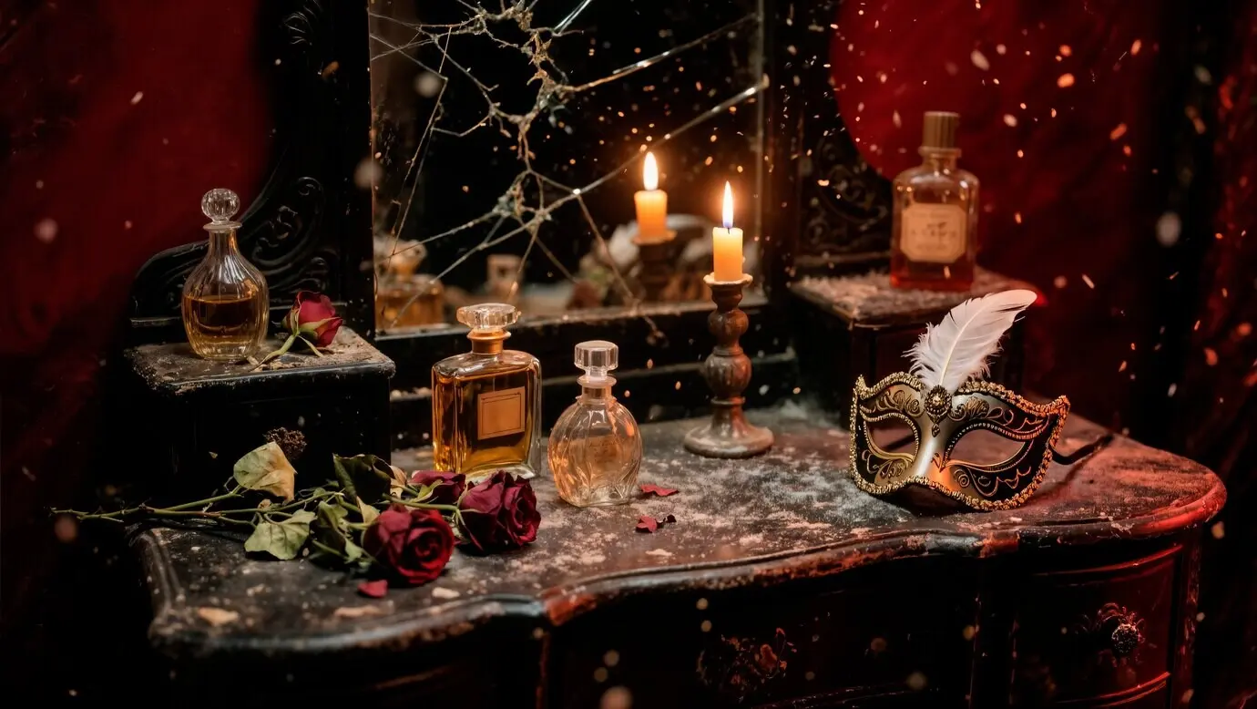 A mysterious vanity with perfume, a mask, and candles.