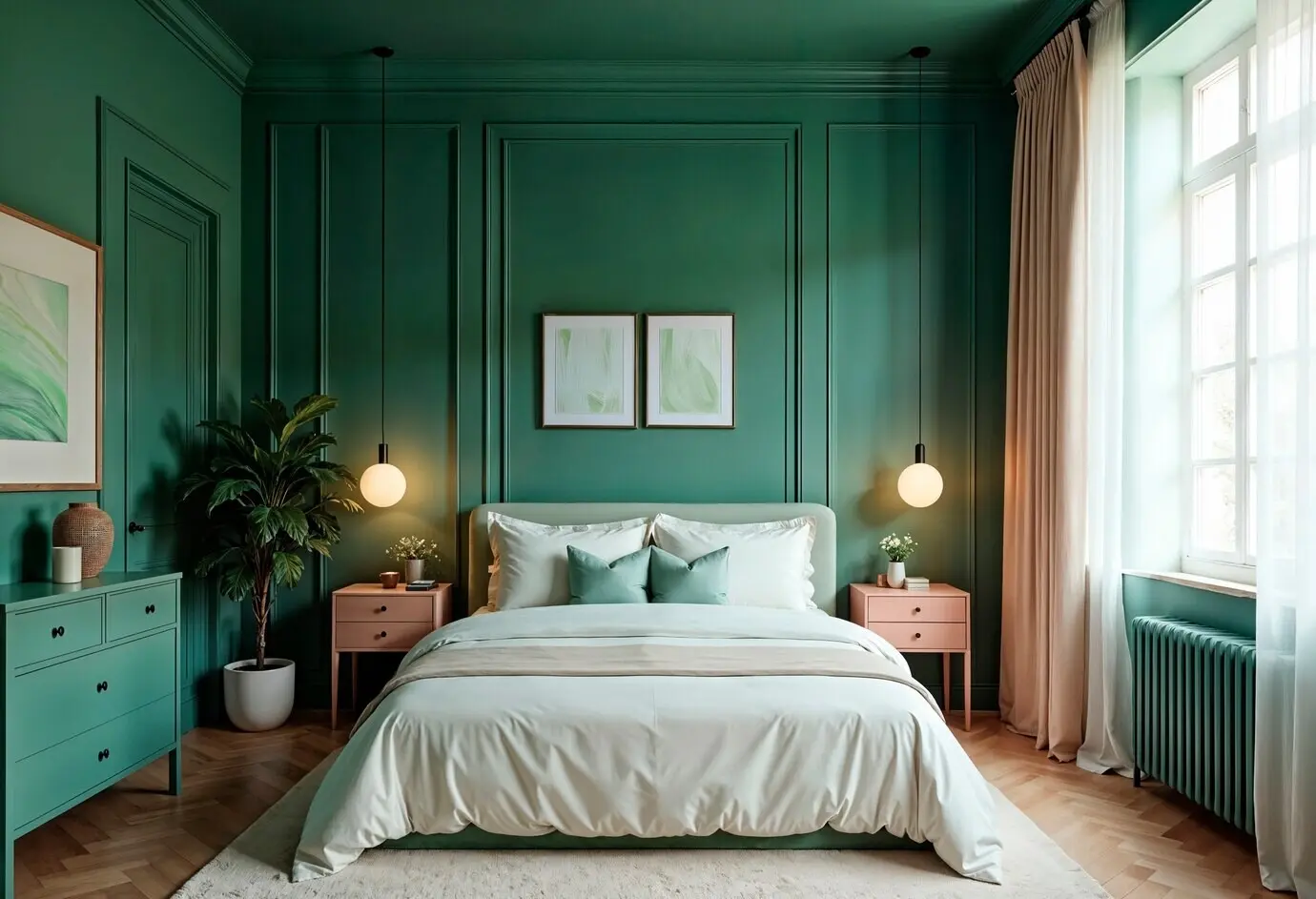 Stylish green bedroom interior with a modern design.