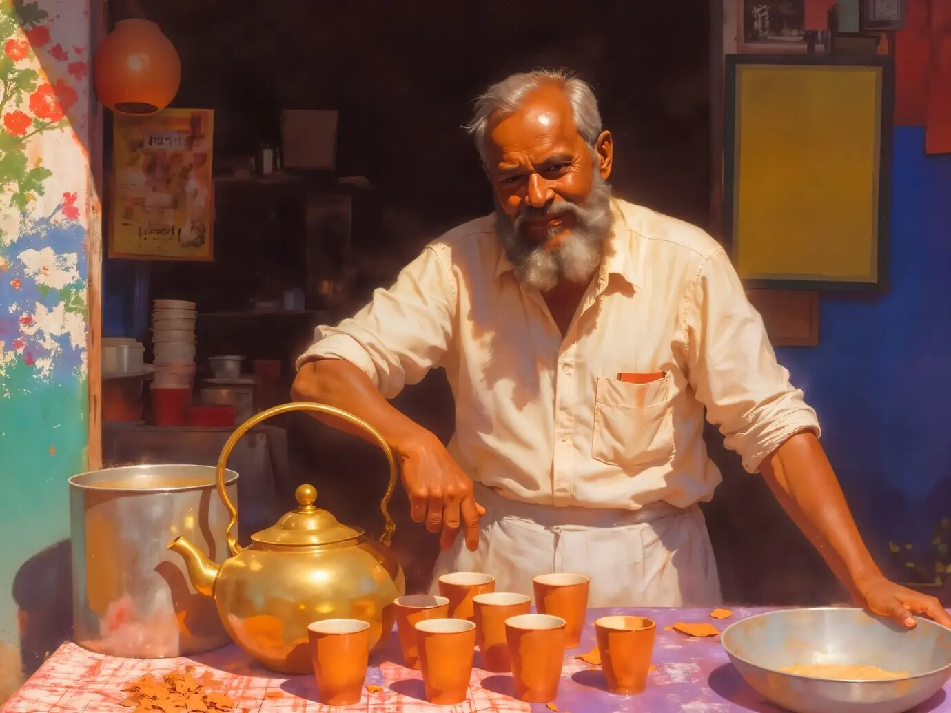 An Indian tea vendor with a golden teapot.