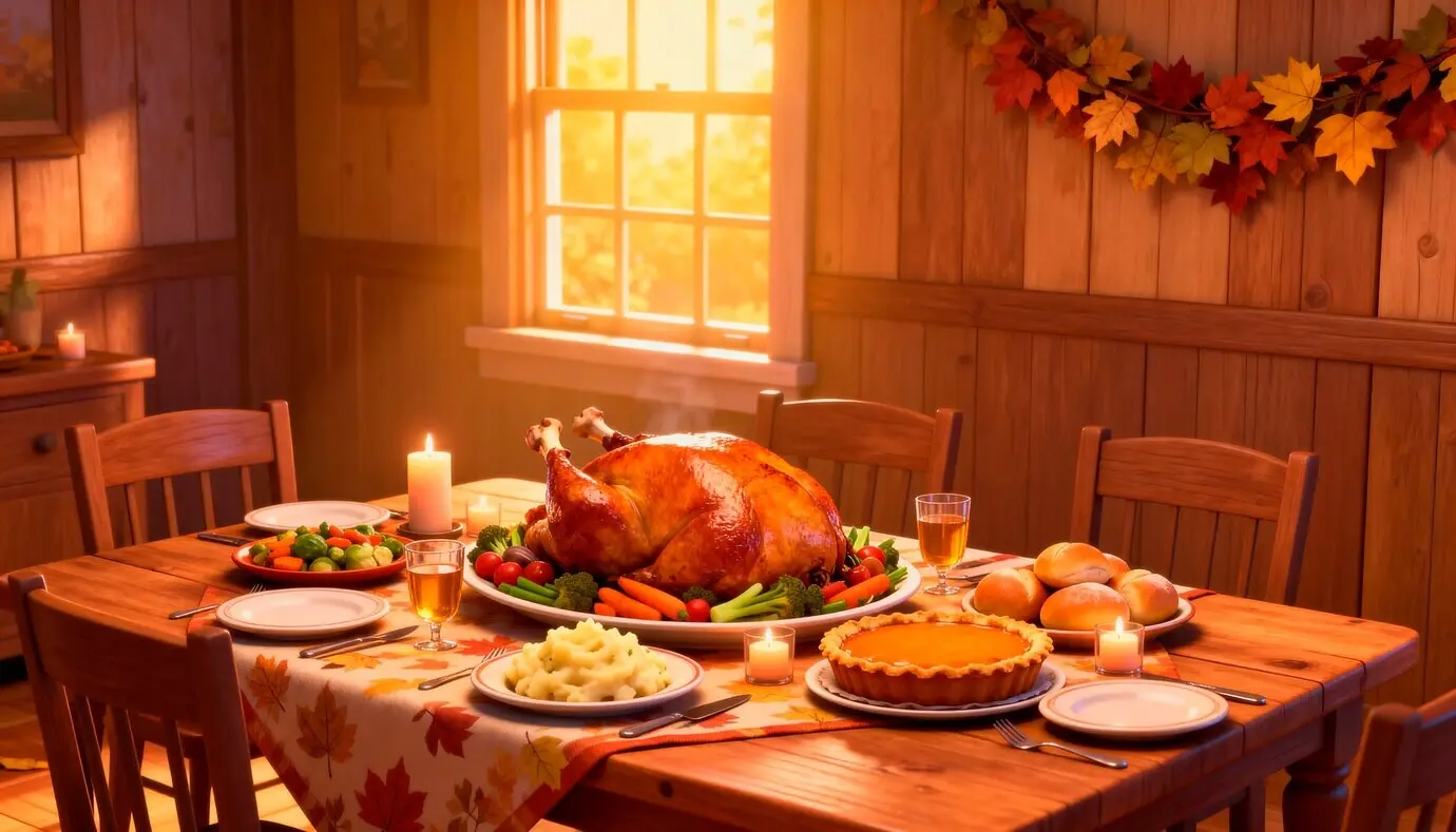 A cozy and welcoming Thanksgiving dinner table.